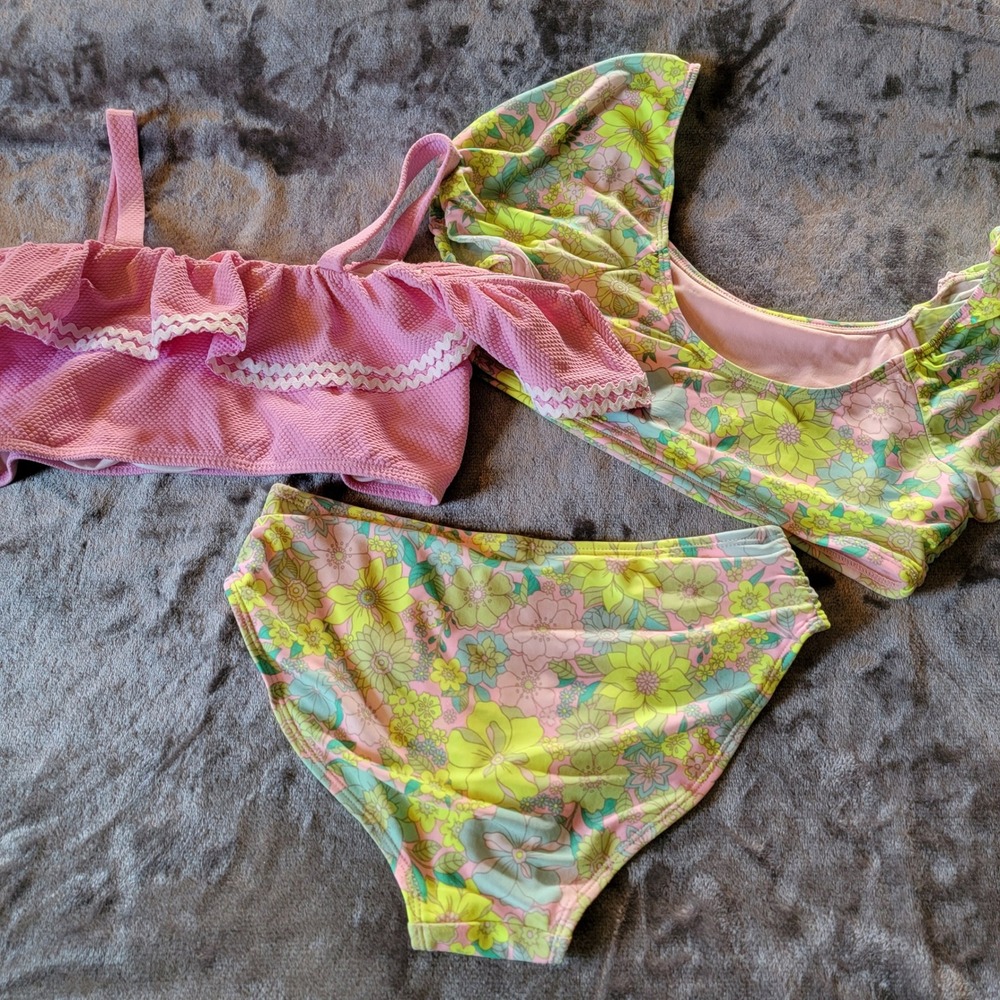 Swimsuit Set Kids Large Floral Pink Green Excellent 3 Piece Bikini 903